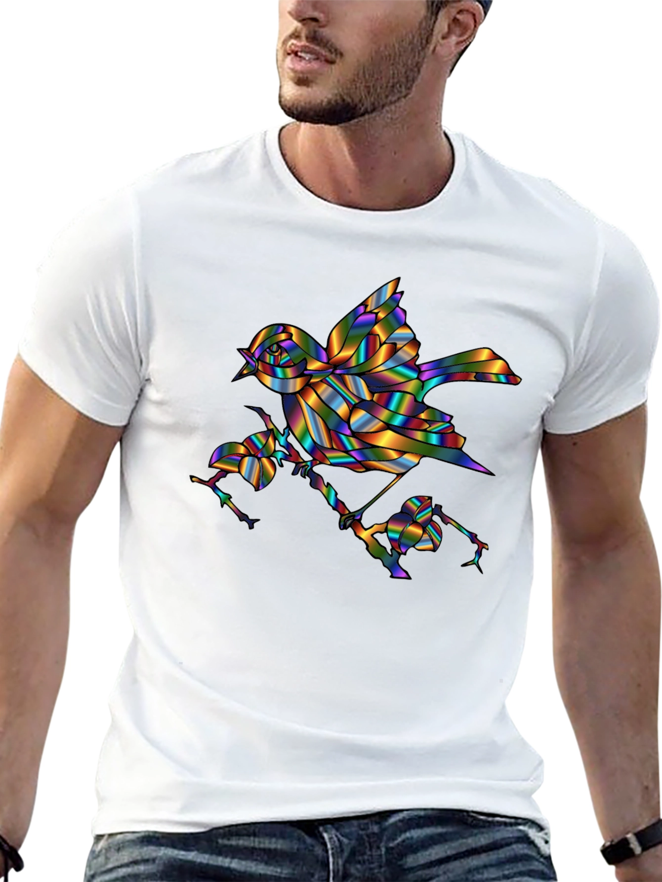 Rainbow Bird Graphic Print Mens Black T-Shirt