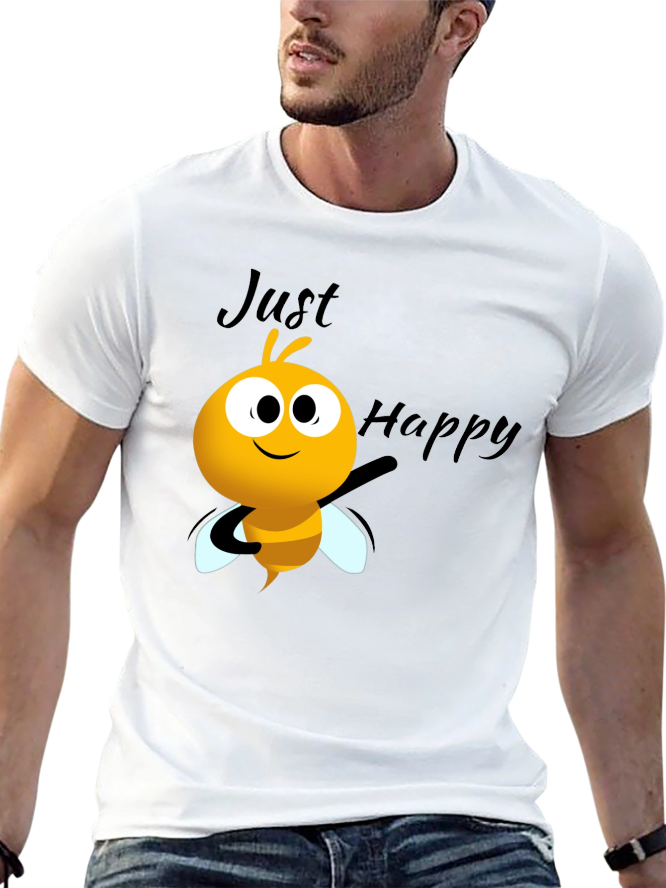 Just Happy Bee Graphic Tee - Black Crew Neck