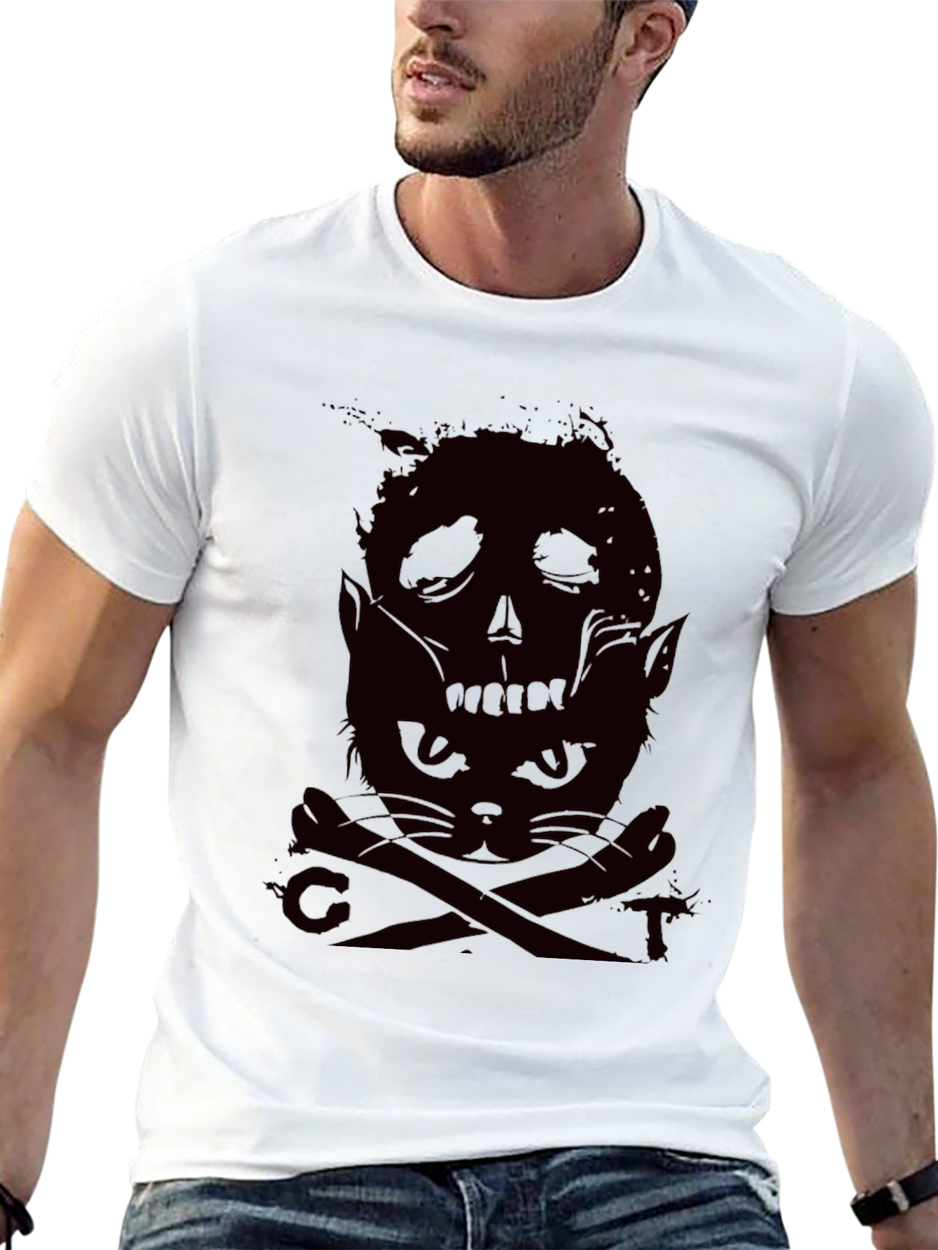 Skull Cat Graphic Tee - Dark Humor Style