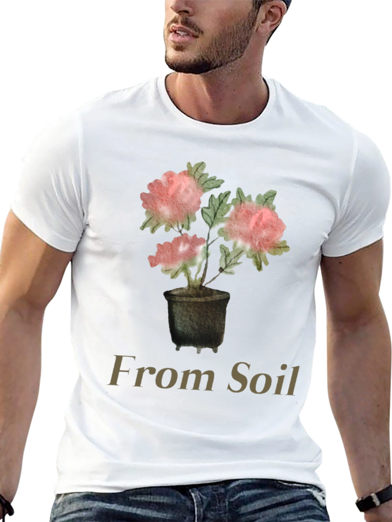 From Soil Black T-Shirt with Flower Pot Design