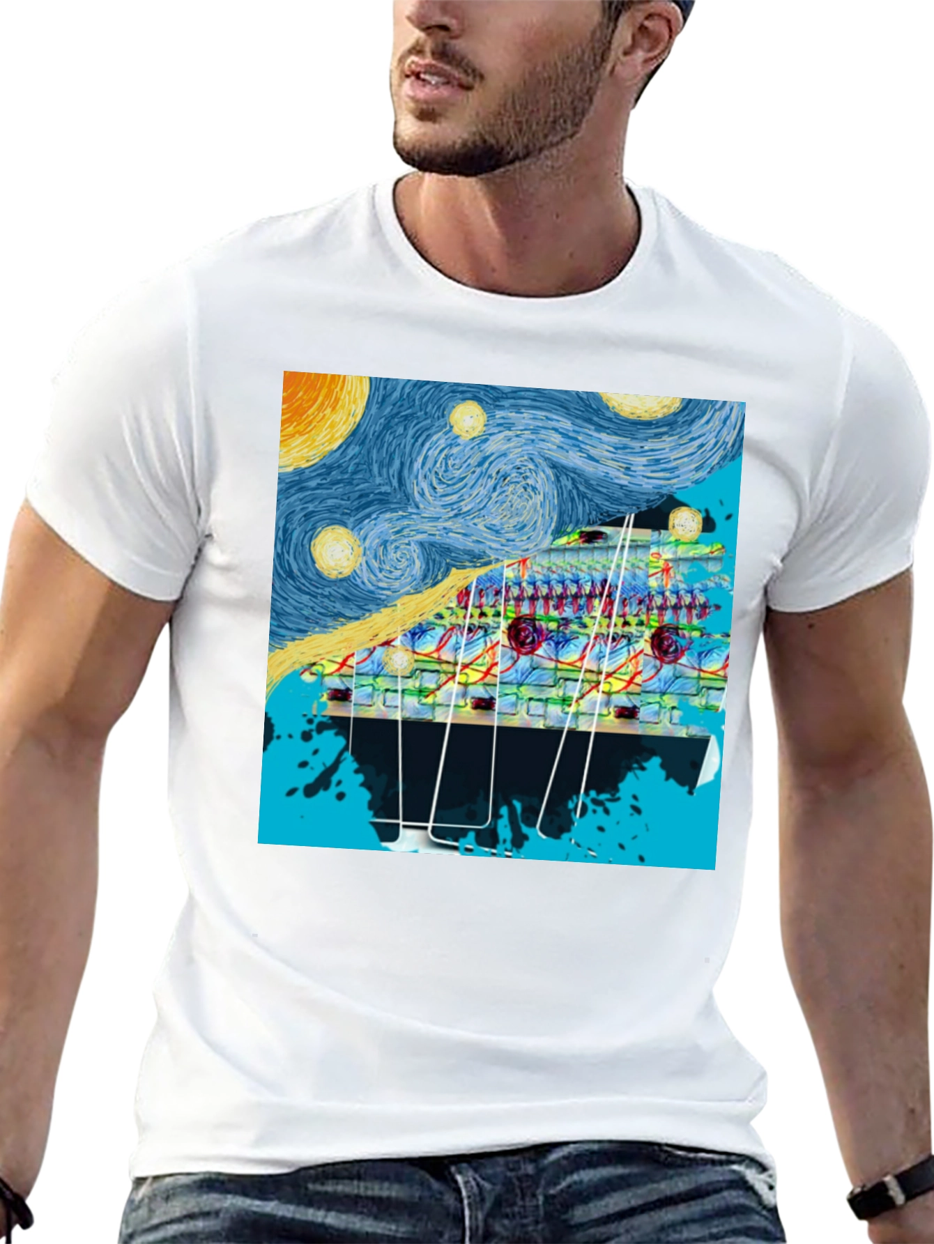 Starry Night Circuit Board Mens Black T-Shirt