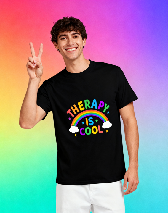Therapy Is Cool Rainbow T-Shirt - 100% Cotton, Mental Health Awareness Tee for Daily & Casual Occasions