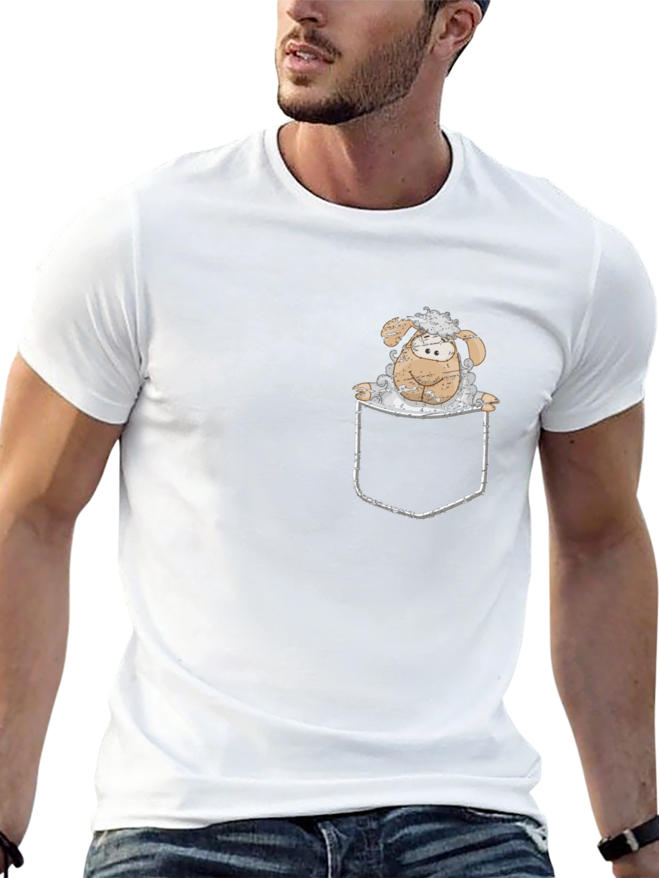 Cartoon Sheep in Pocket Black T-Shirt