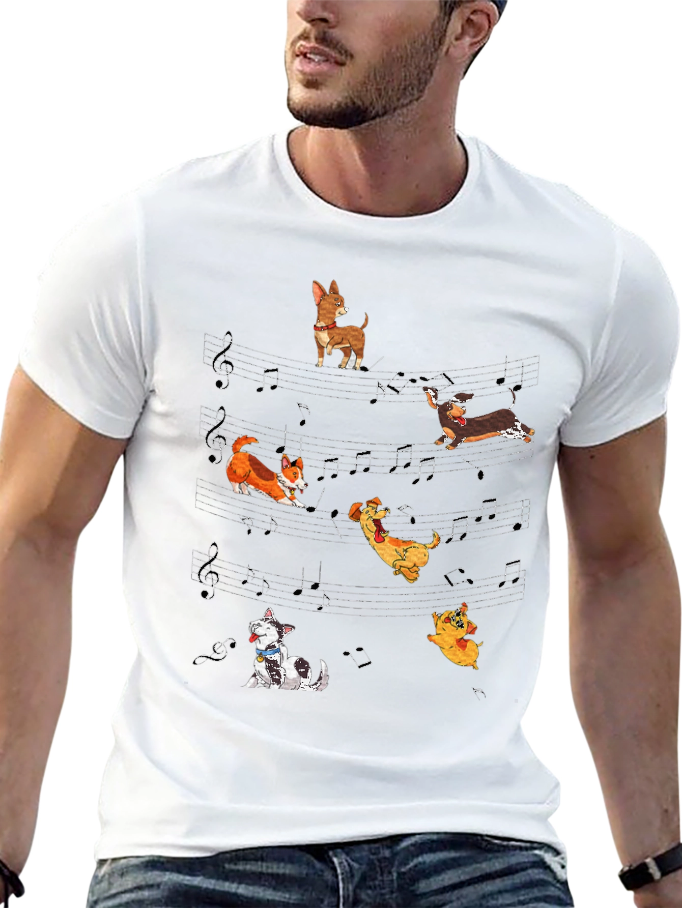 Dog Music T-Shirt - Cute Cartoon Dogs on Staff