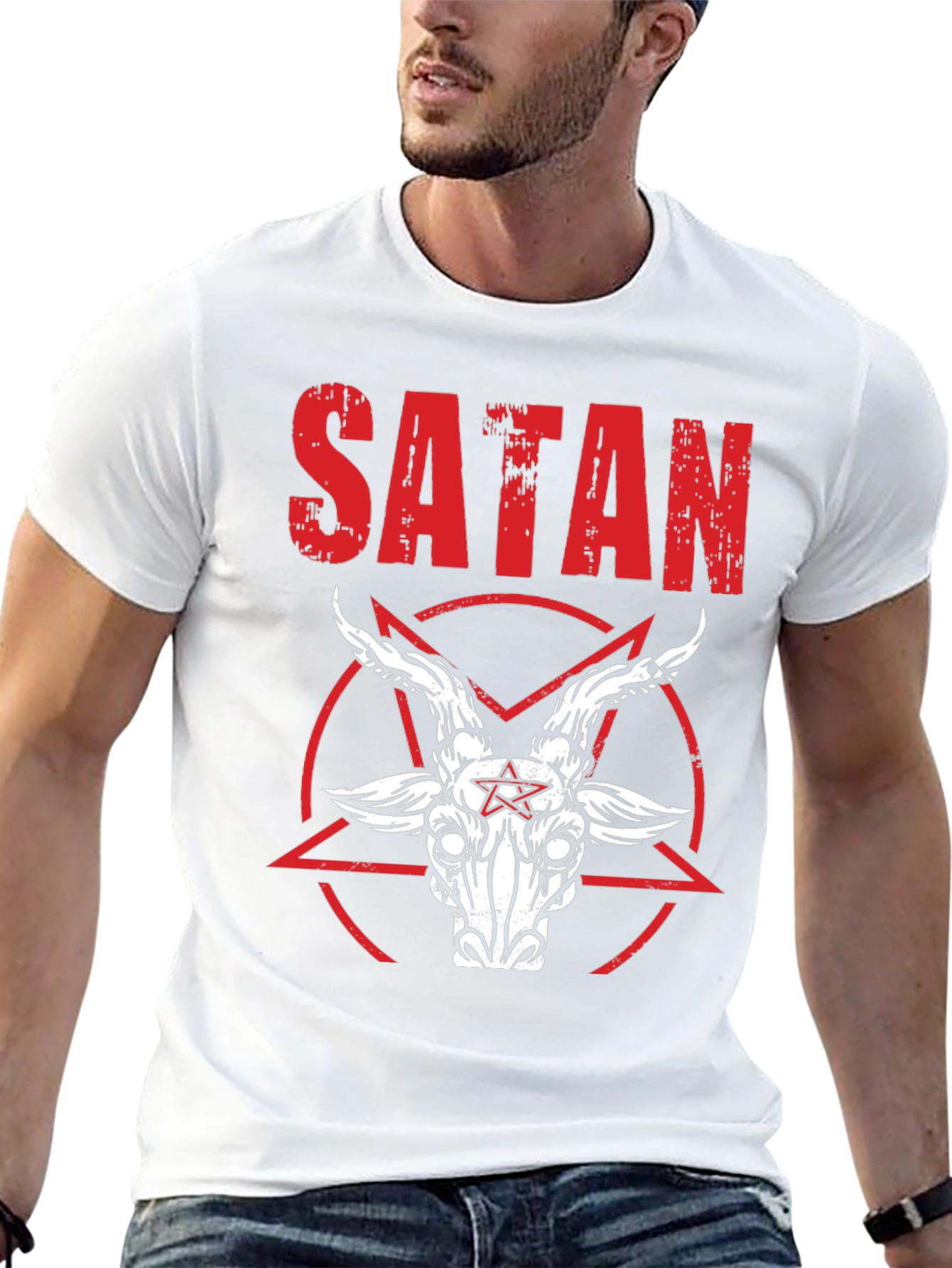 Satanic Goat Head Graphic Tee - Distressed Print