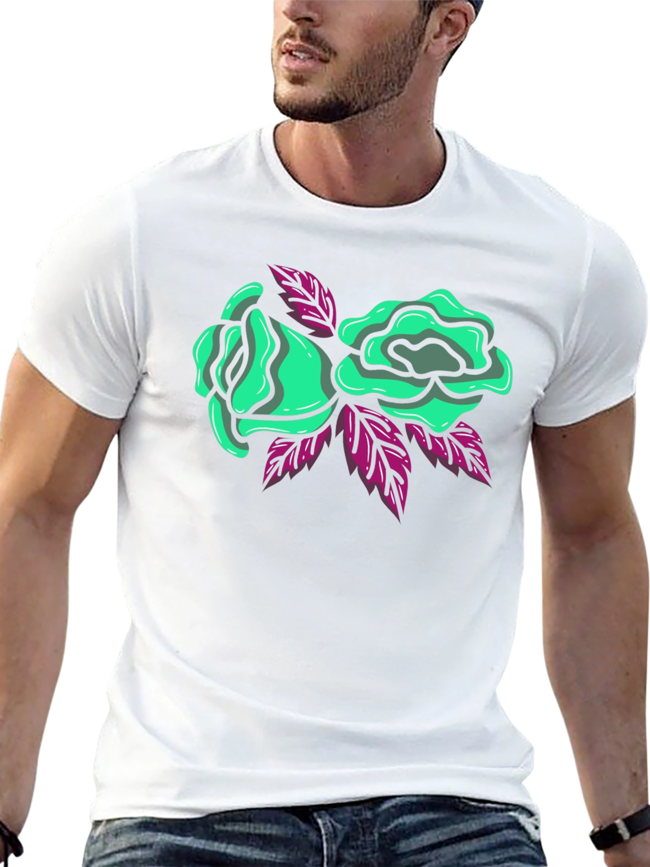 Black T-Shirt with Green Roses Graphic Print