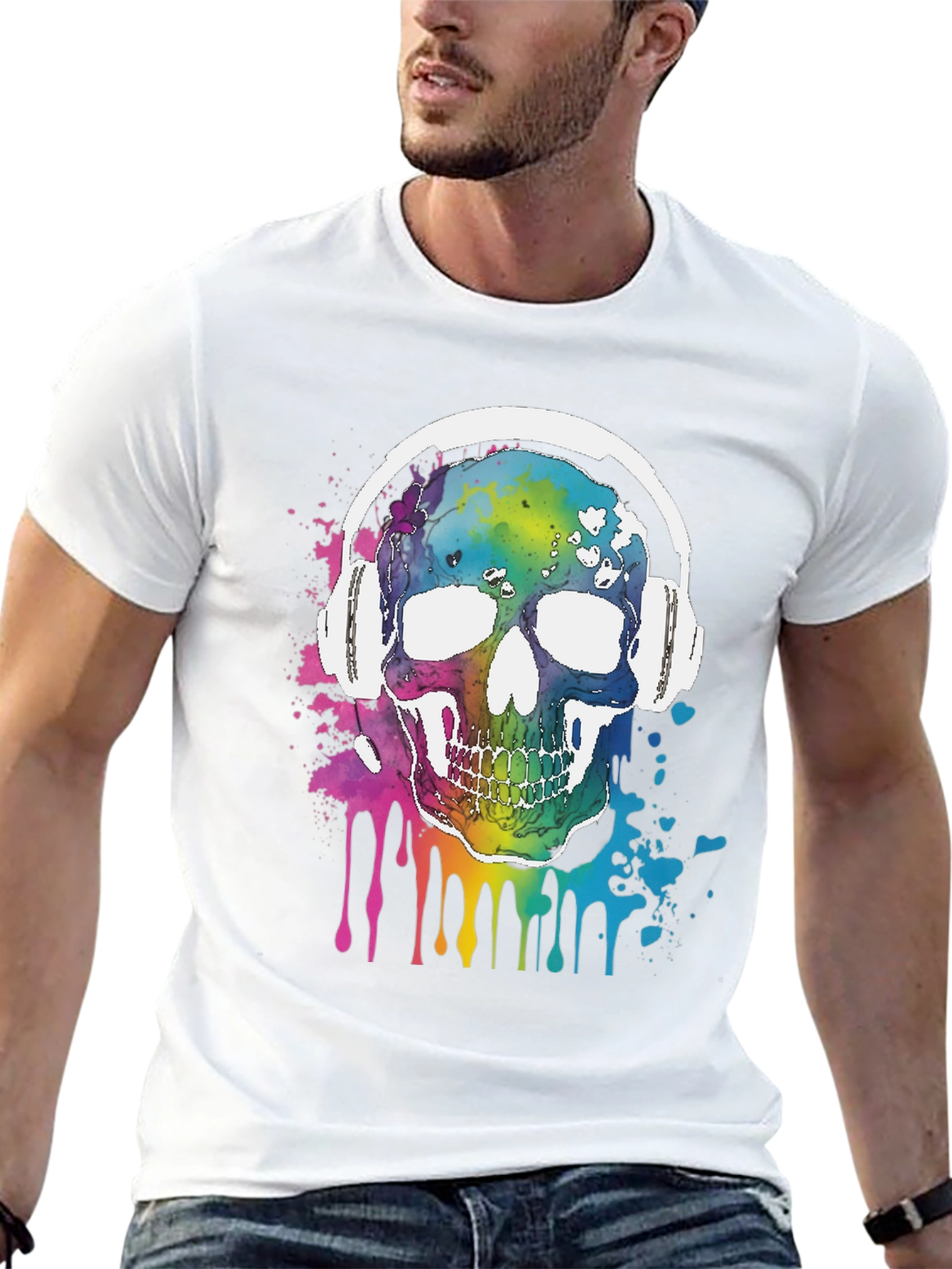 Rainbow Skull Headphones Graphic Tee - Music Lover