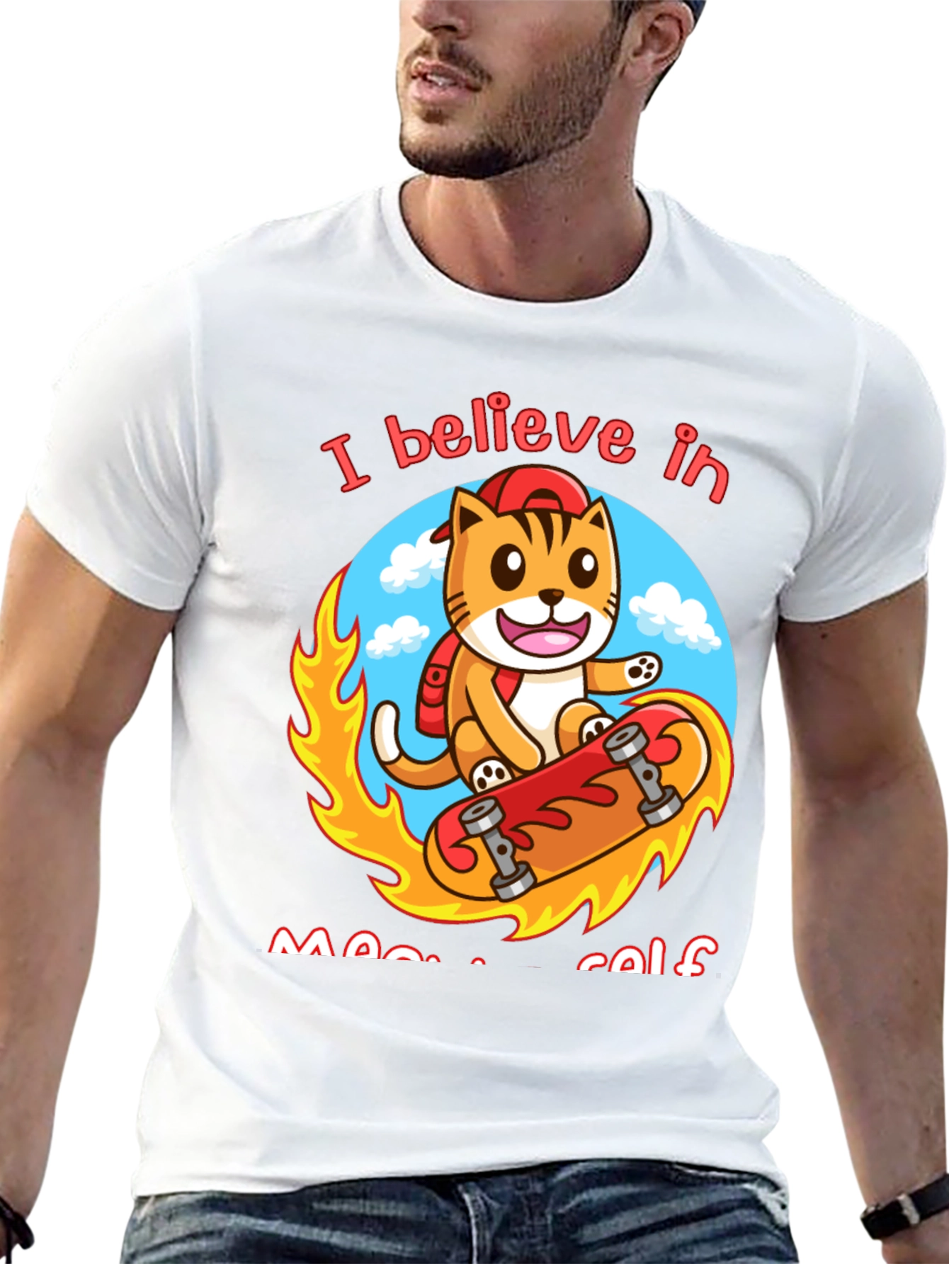 Believe in Meowself T-Shirt - Cute Cat Skateboard Design