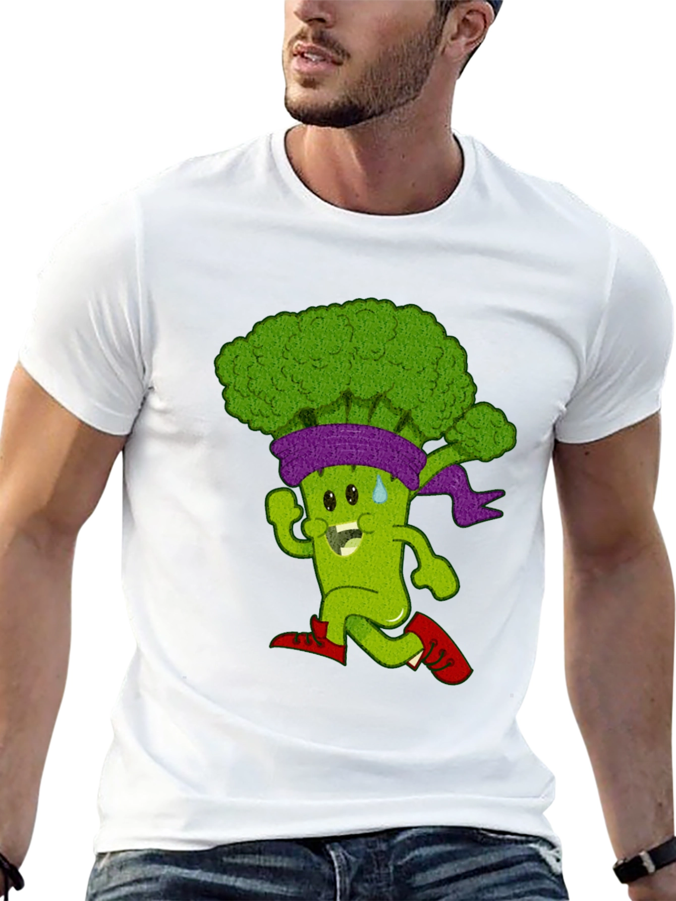 Running Broccoli Cartoon Graphic T-Shirt