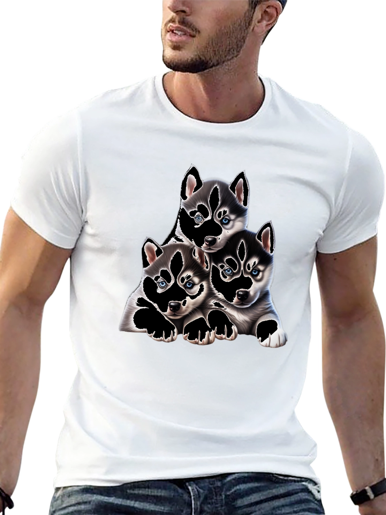Husky Puppy Pile Black T-Shirt