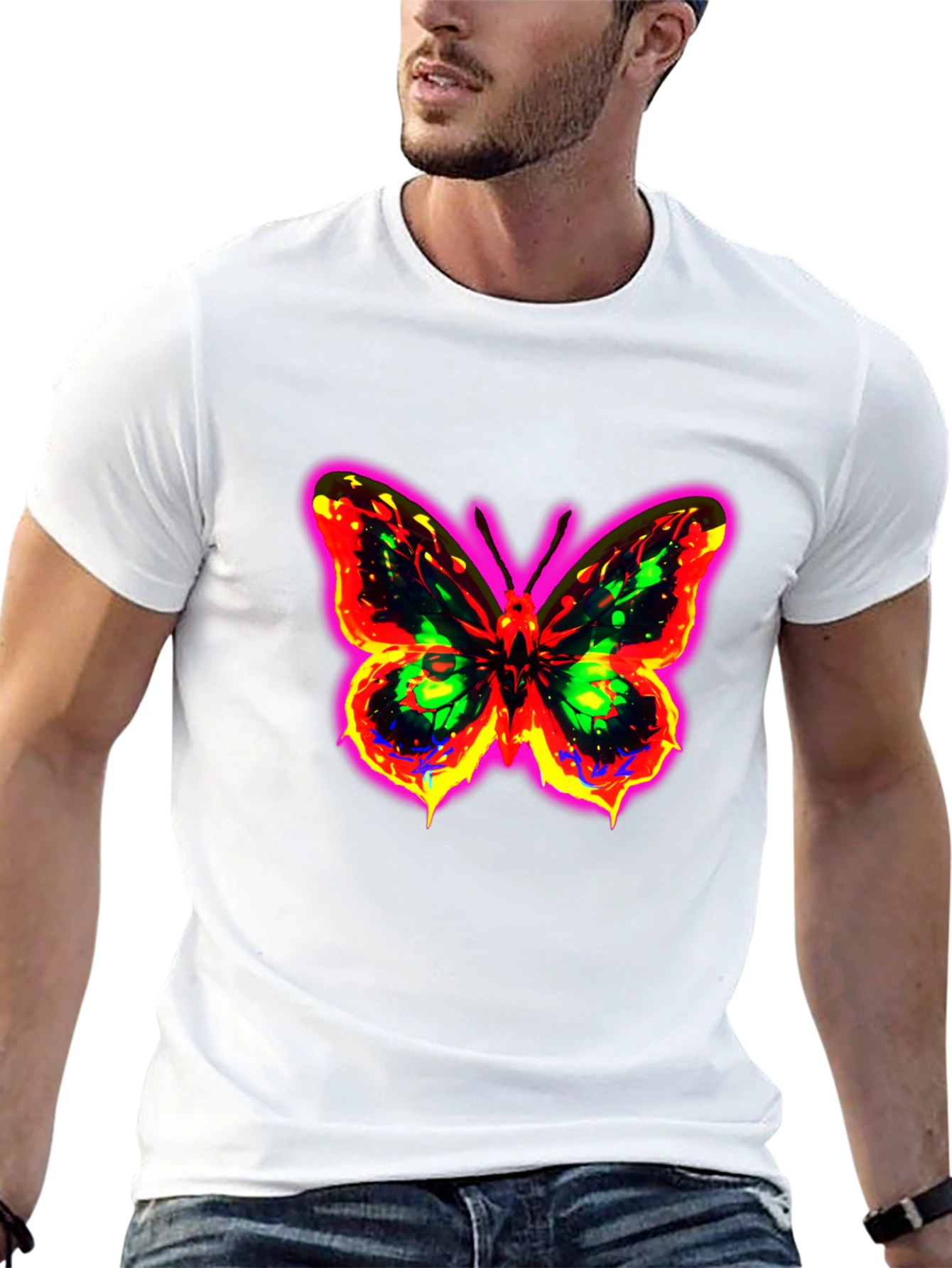 Neon Butterfly Graphic Black T-Shirt