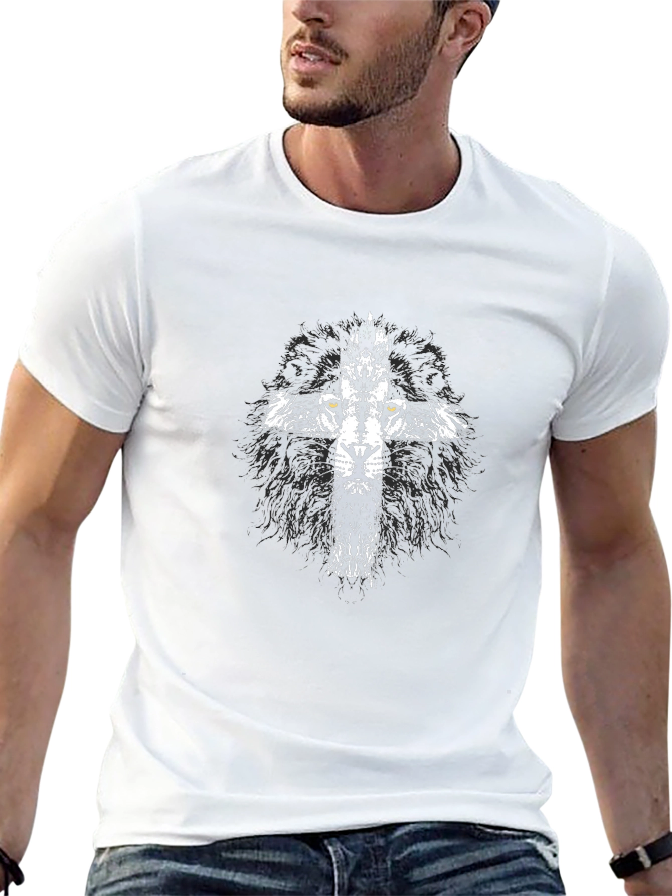 Lion Cross Graphic Print Black T-Shirt