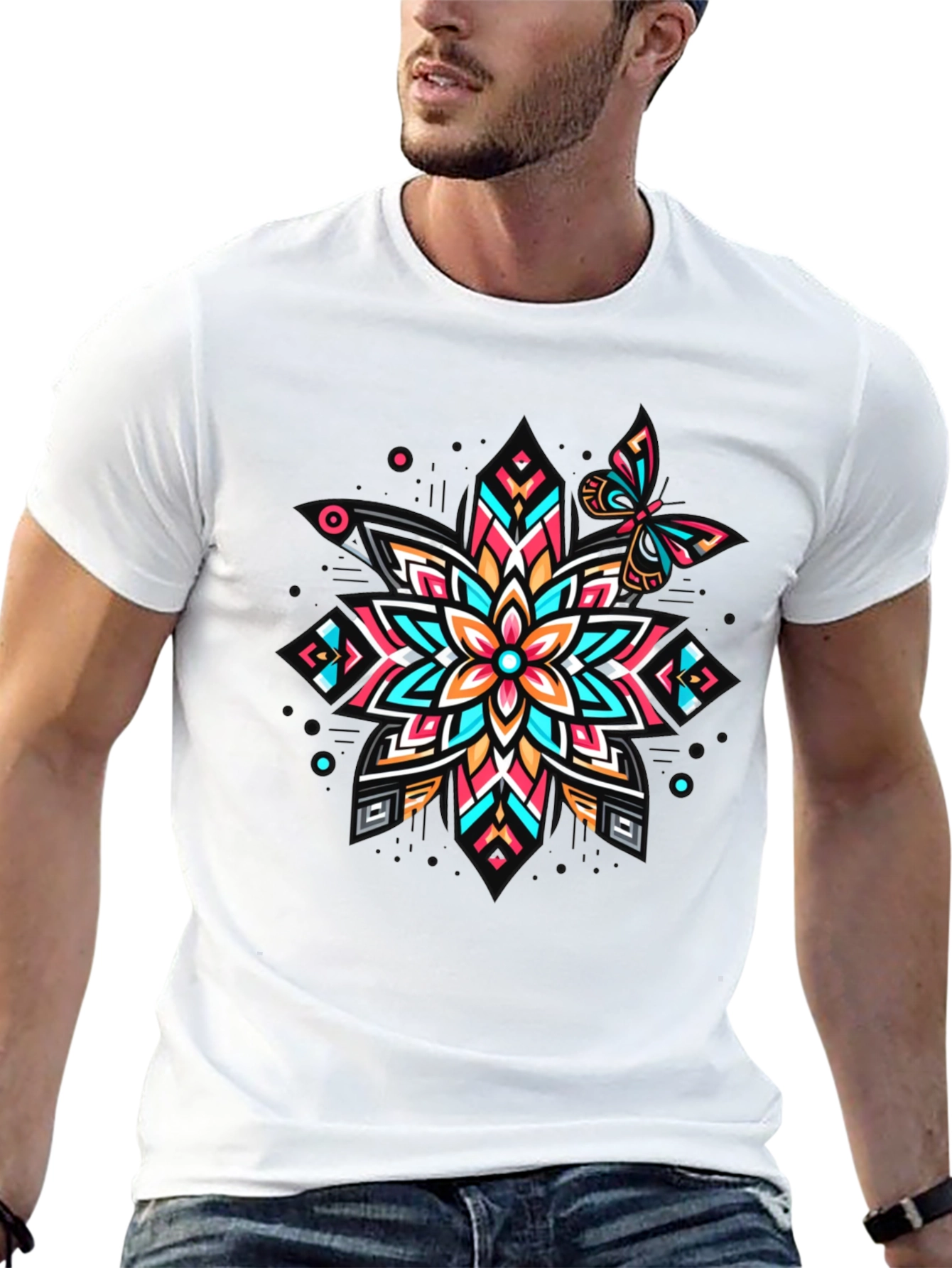 Geometric Floral Butterfly Graphic Tee - Unique Design