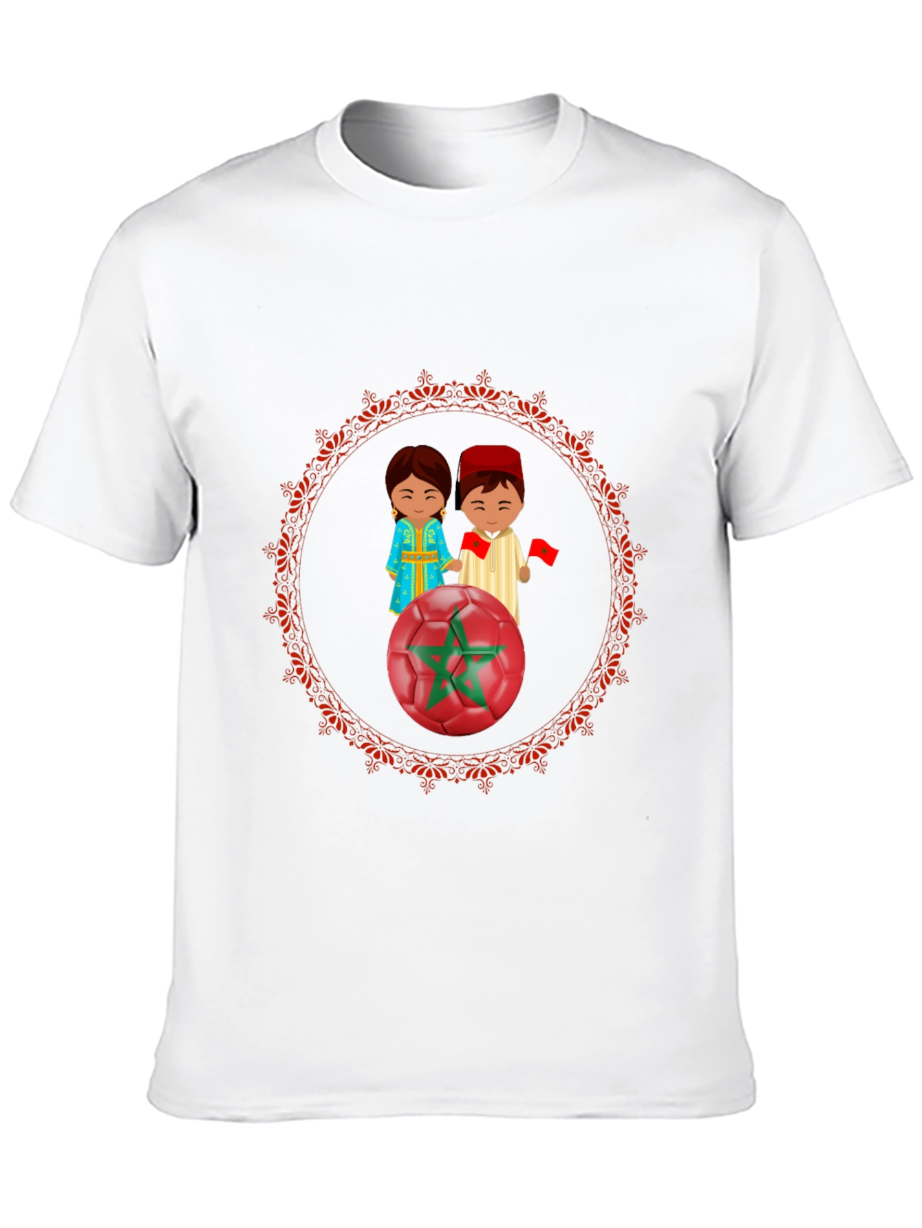 Morocco Soccer T-Shirt: Cartoon Couple & Flag Design