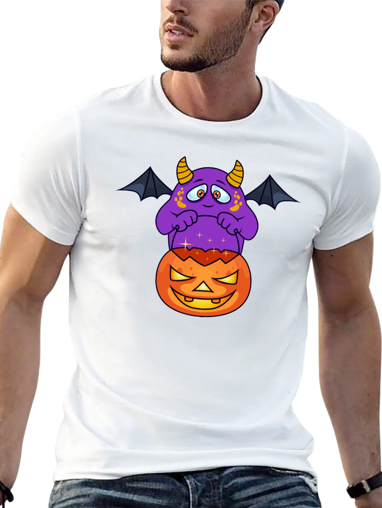 Halloween Monster on Pumpkin Graphic T-Shirt