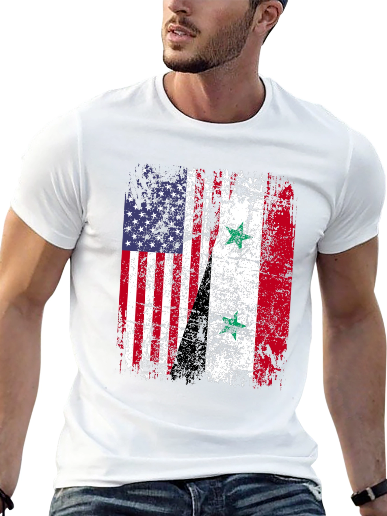 USA Syria Flag Distressed T-Shirt