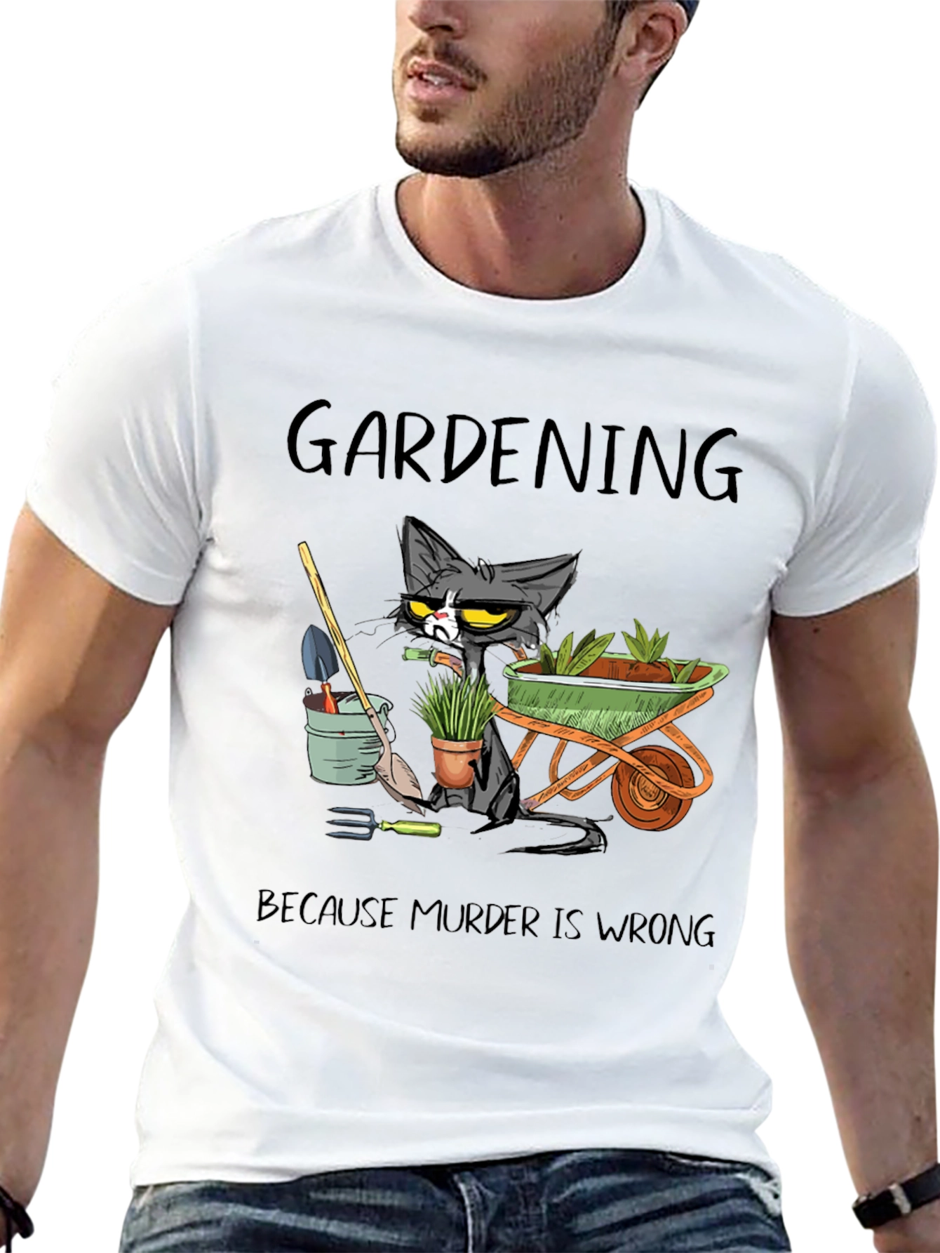 Gardening Cat Graphic T-Shirt - Murder Is Wrong