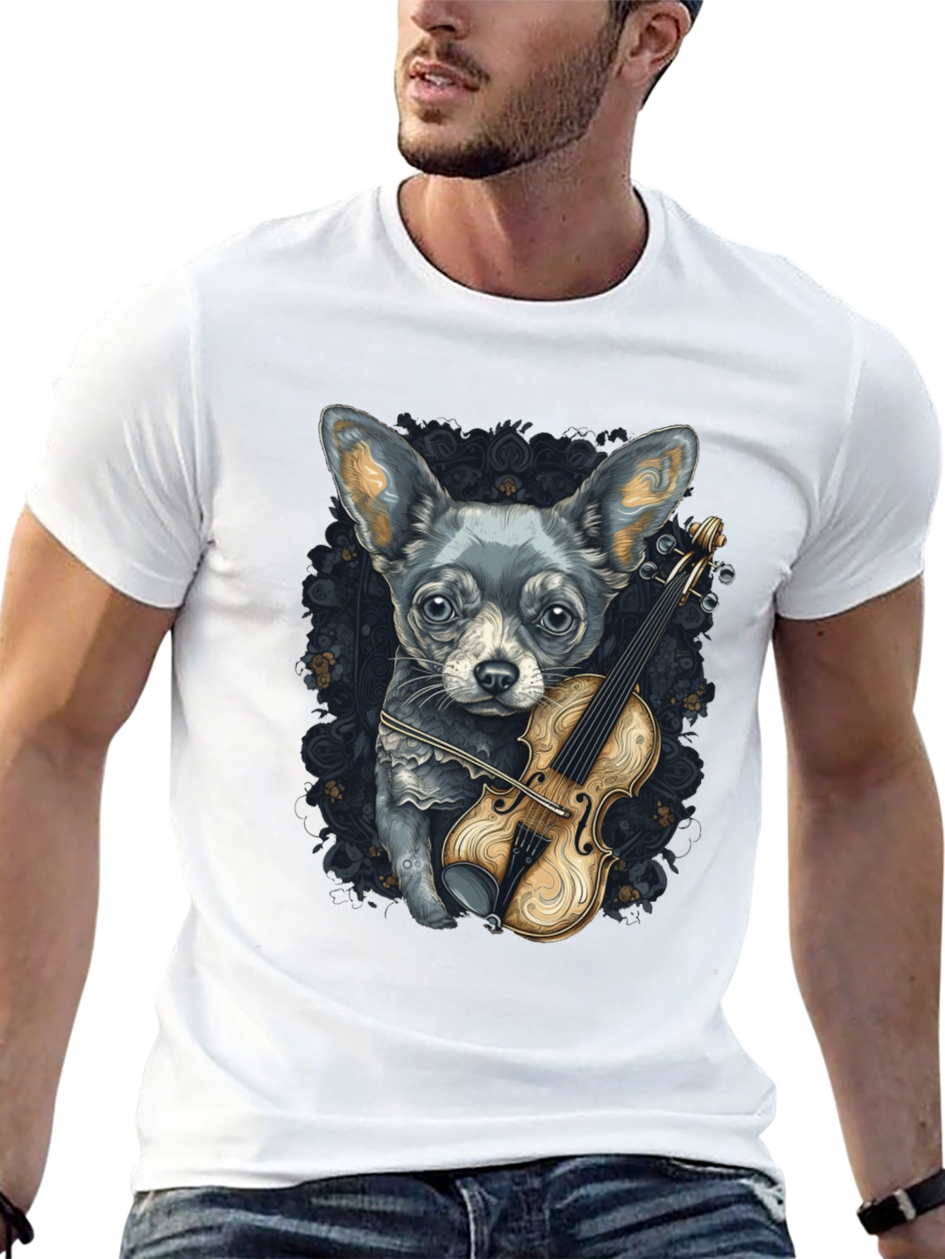 Dog with Violin Graphic Tee - Black