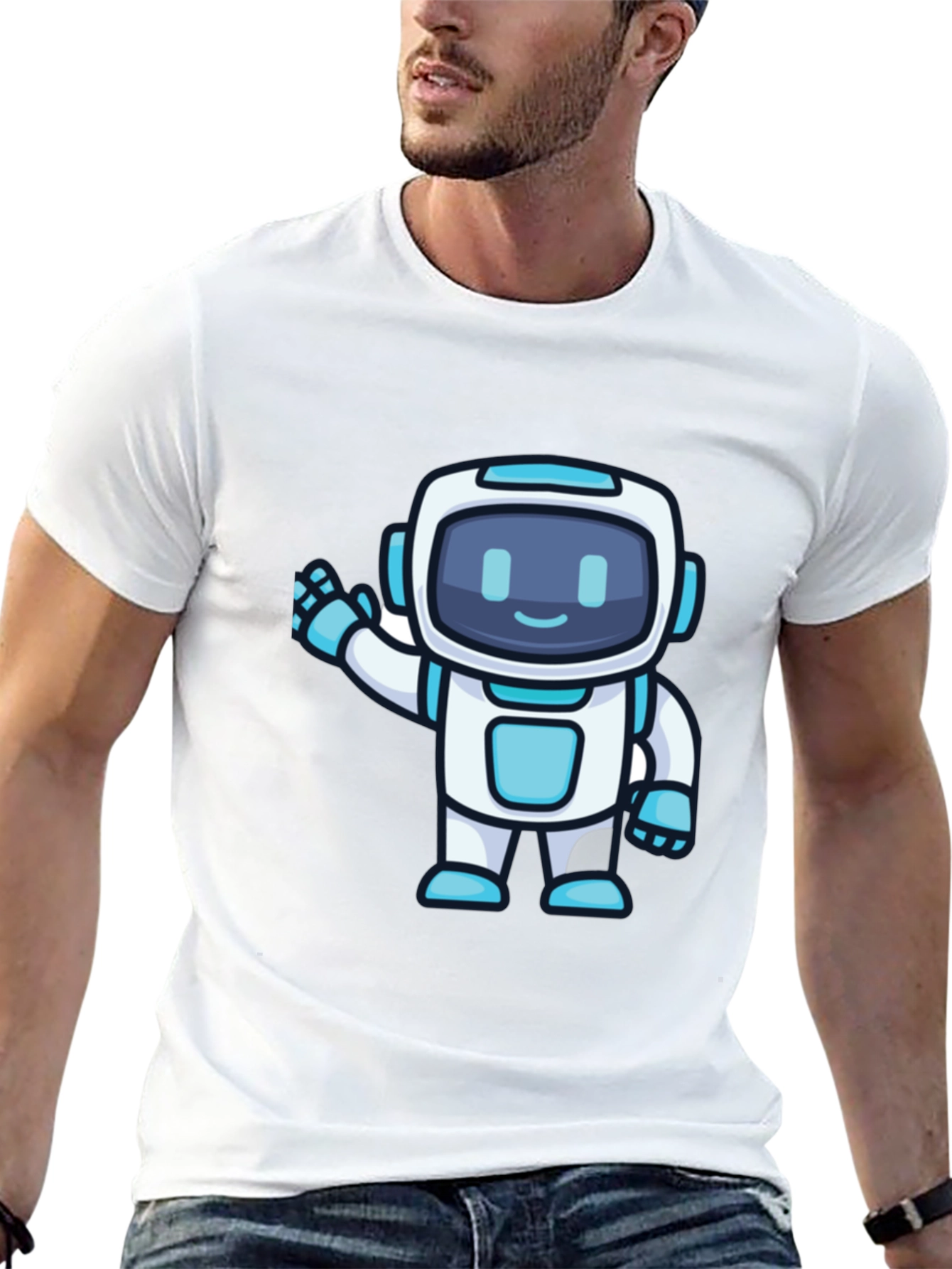 Cute Robot Graphic T-Shirt - Black Crew Neck