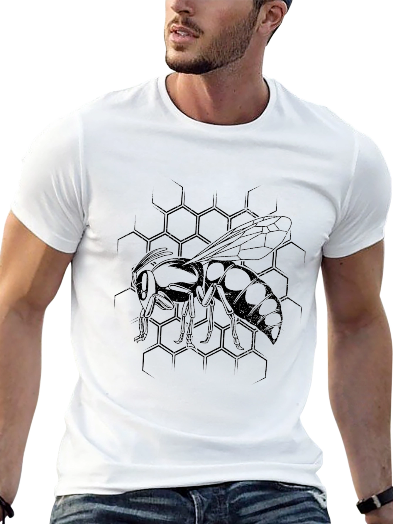 Mens Black Graphic Tee - Honeycomb Wasp Design
