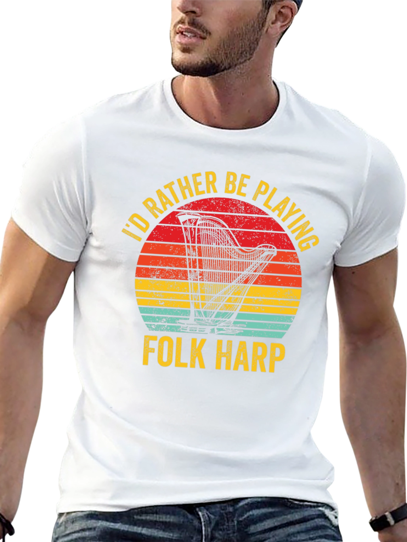 Folk Harp Player T-Shirt Retro Sunset Music Tee