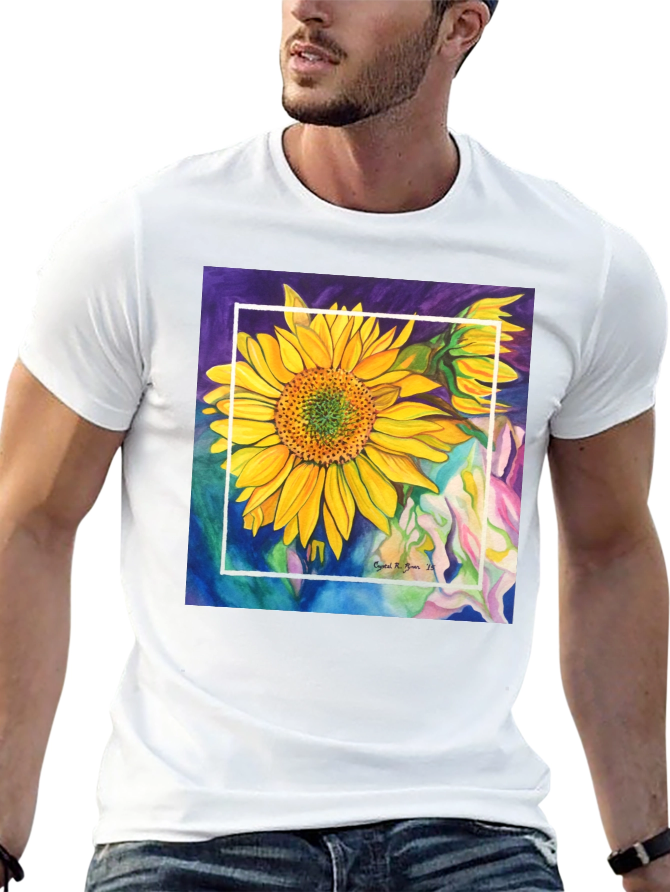 Sunflower Art Graphic Black T-Shirt
