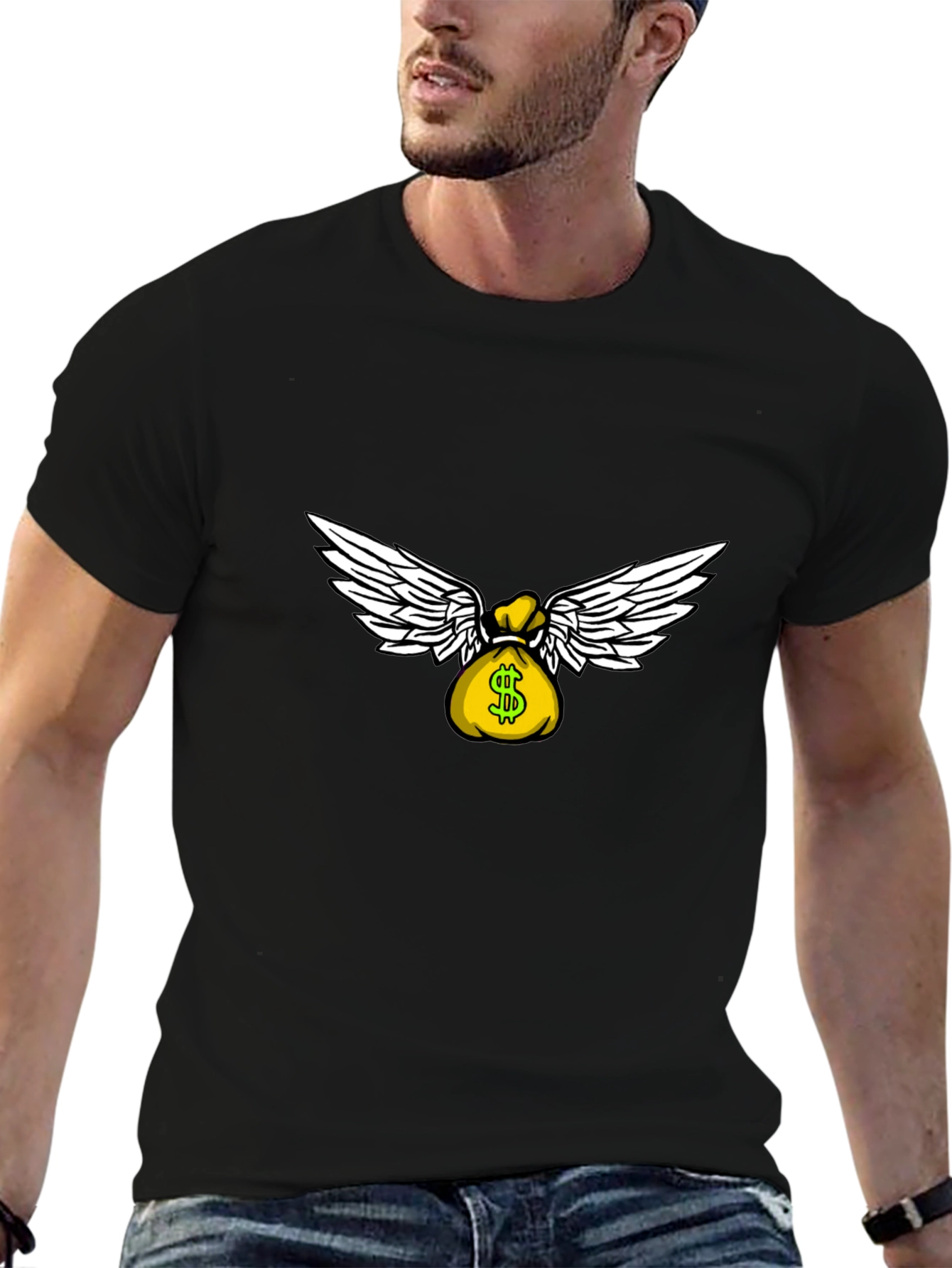 Money Bag with Wings Graphic T-Shirt - Black