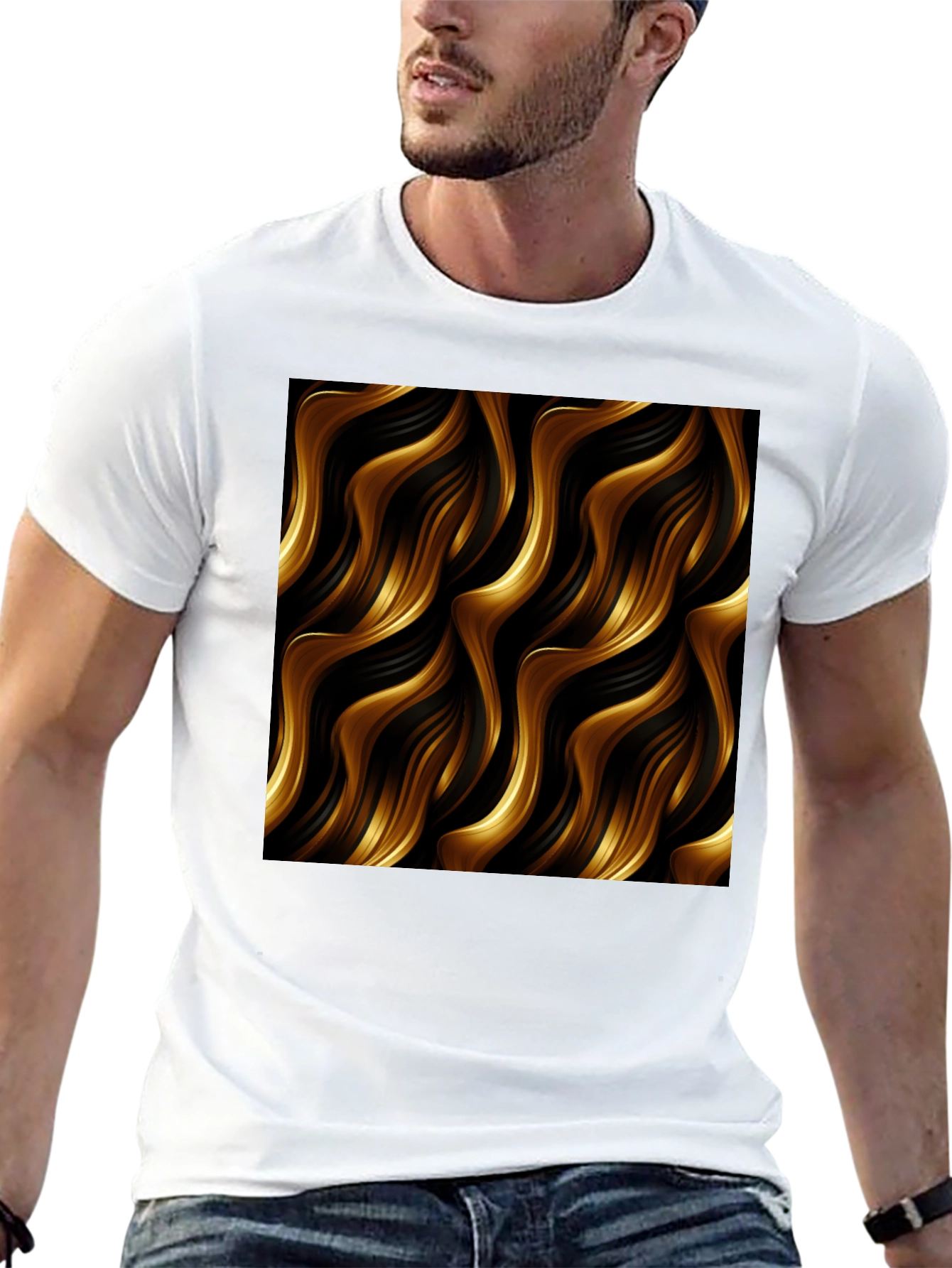 Stylish Black Tee with Abstract Gold Wave Design