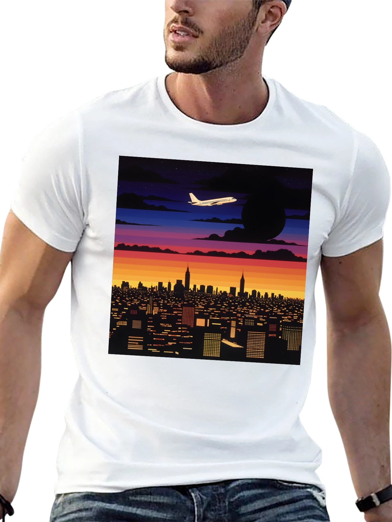 Cityscape Plane Graphic Tee - Retro Sunset Vibes