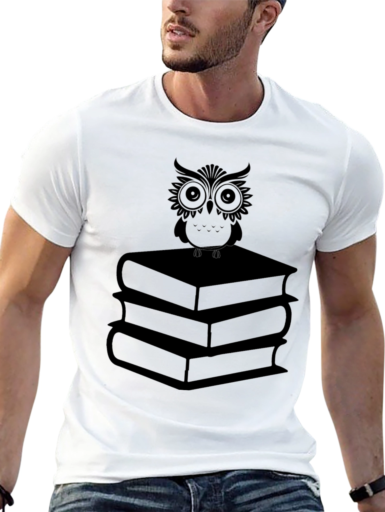 Owl on Books T-Shirt - Black Graphic Tee