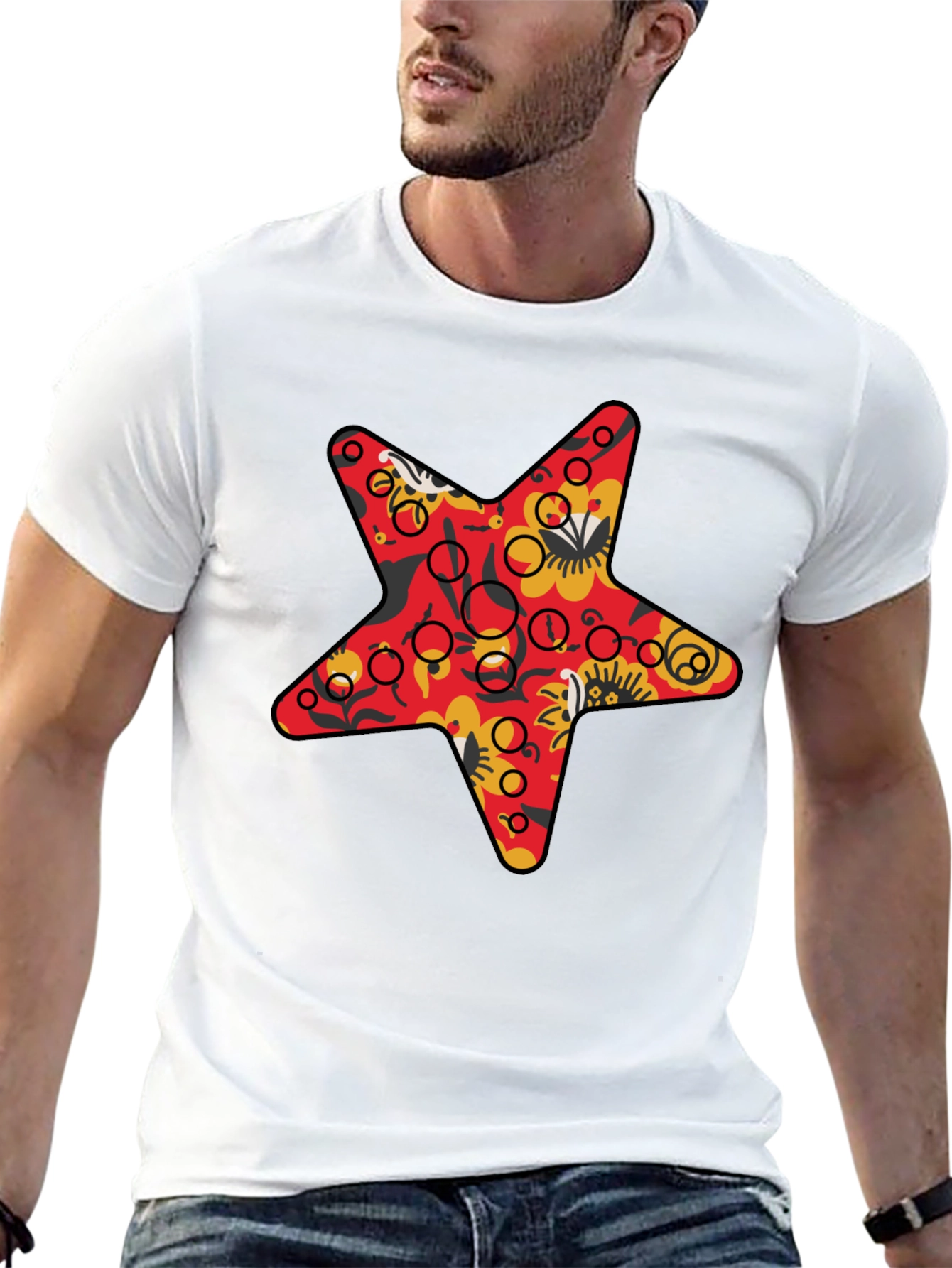 Star Print Black Crew Neck T-Shirt