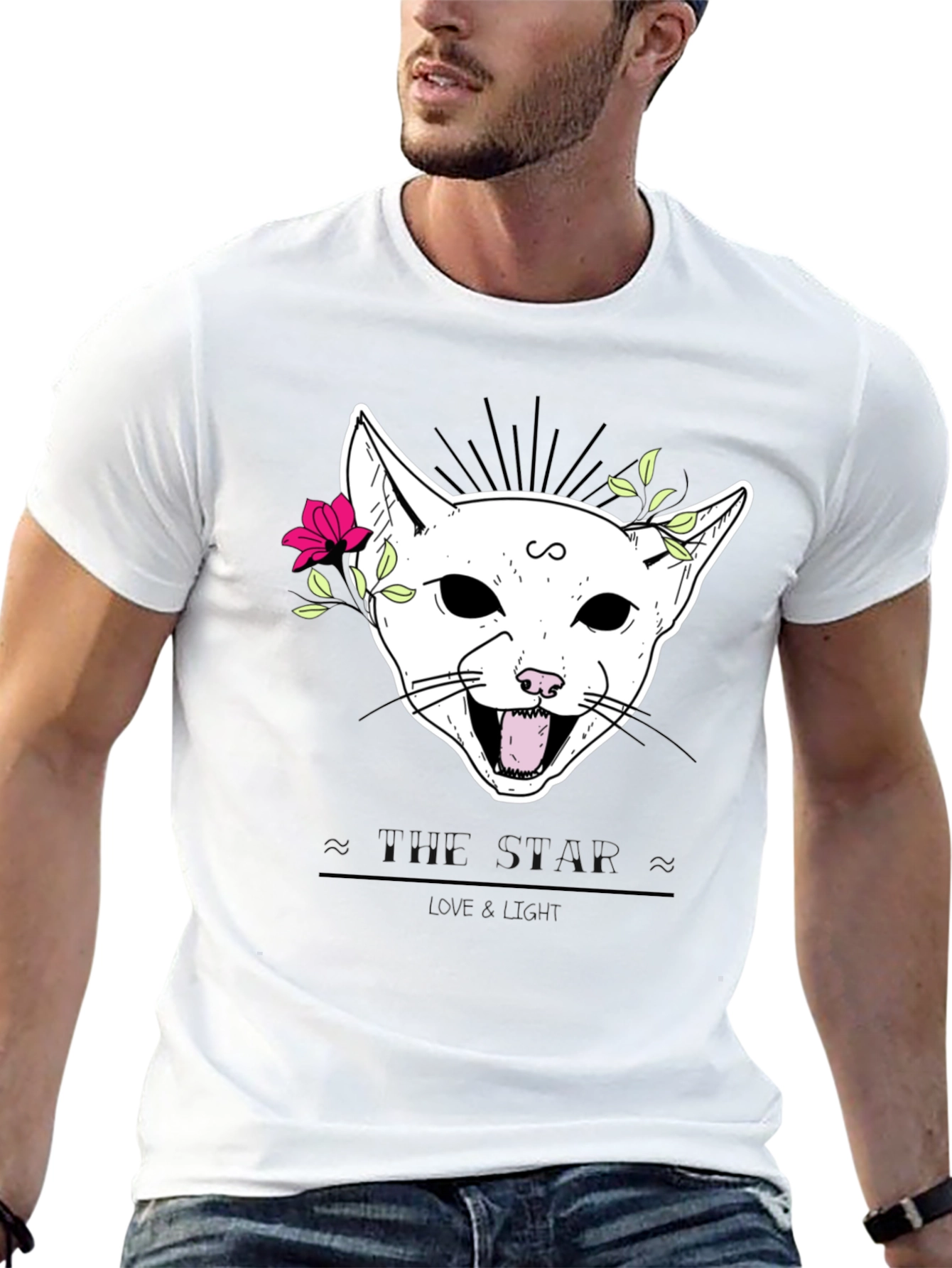 Floral Cat Graphic Black T-Shirt