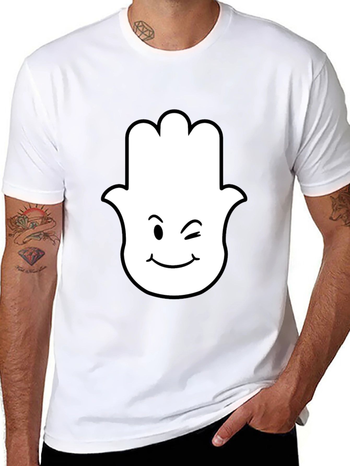 Hamsa Hand Wink Emoji Black T-Shirt