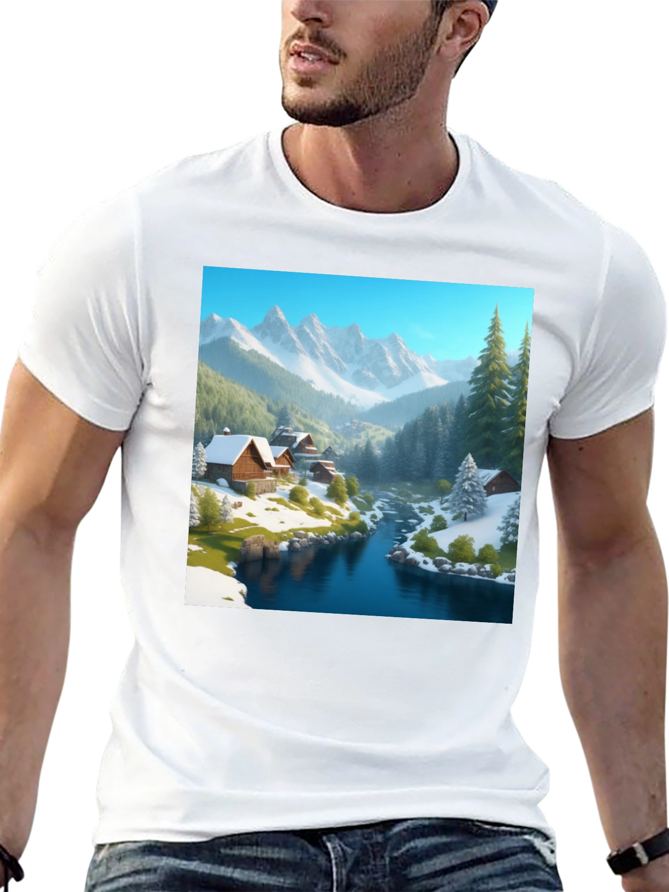 Mountain Cabin Scene Black T-Shirt