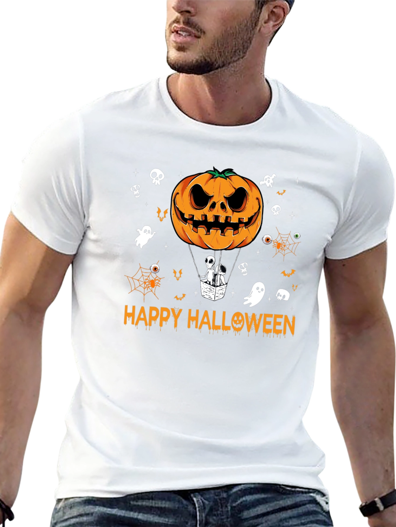 Happy Halloween Pumpkin Hot Air Balloon Black T-Shirt