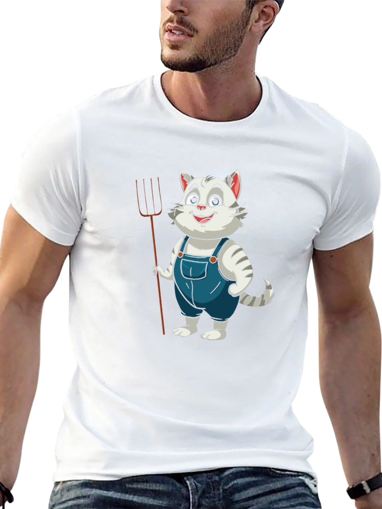 Cartoon Cat Farmer Black T-Shirt