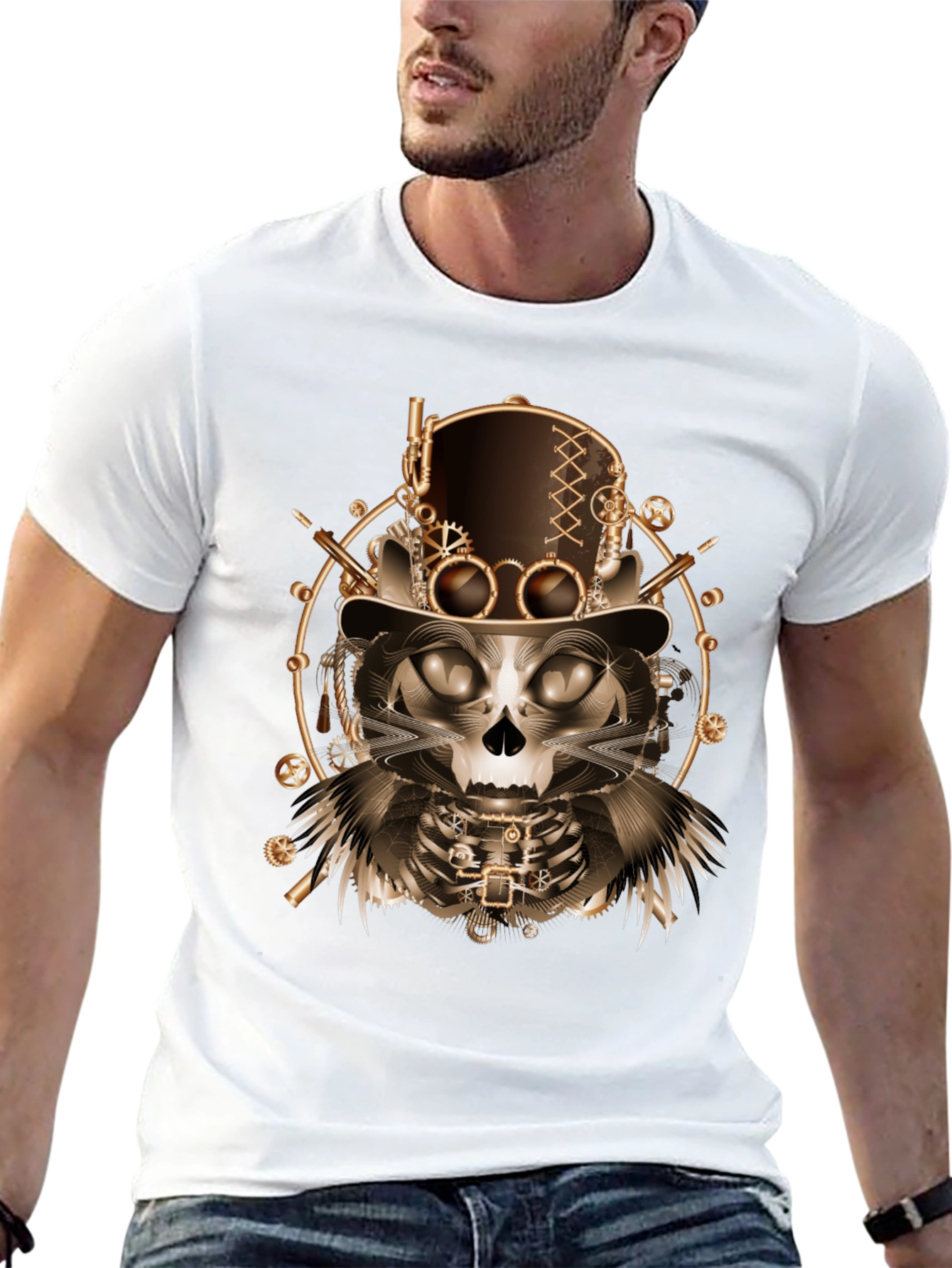 Steampunk Cat Skull T-Shirt - Unique Gothic Design