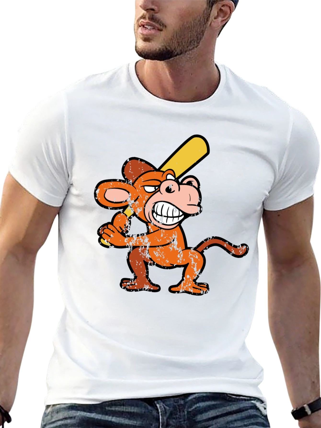 Monkey Baseball Player Graphic Tee - Novelty T-Shirt