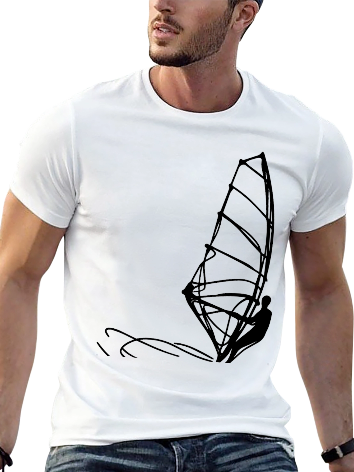 Mens Black T-Shirt with Windsurfer Graphic
