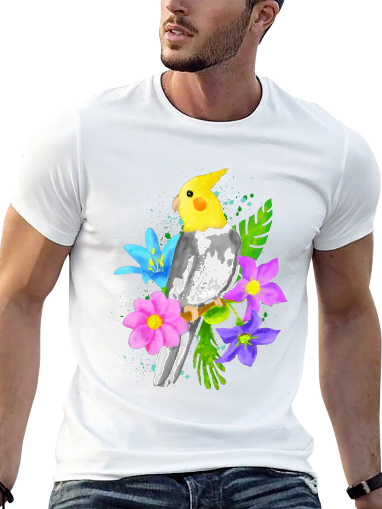 Cockatiel and Flowers Graphic T-Shirt