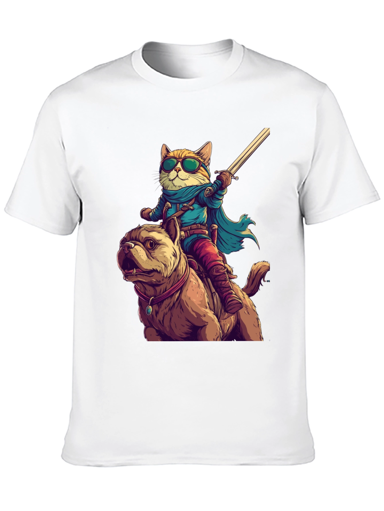 Cat Riding Dog T-Shirt - Novelty Cartoon Tee