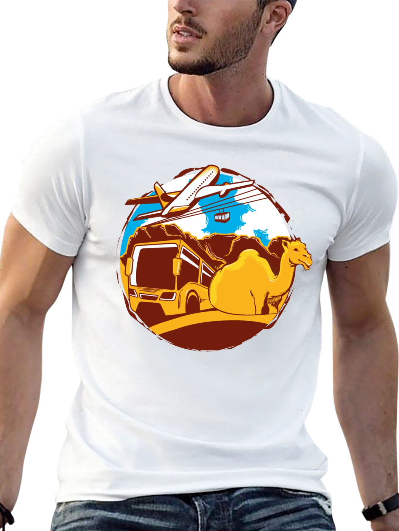 Travel Adventure T-Shirt: Camel Bus Plane Design