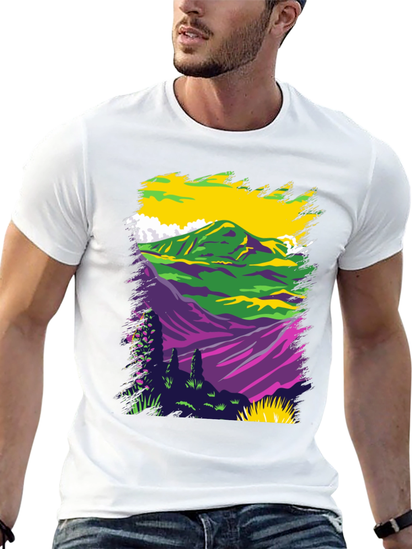 Vibrant Mountain Scene Graphic Tee - Black