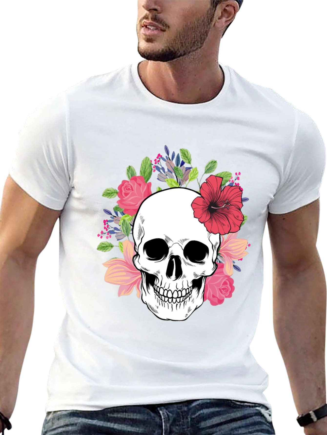 Floral Skull Graphic Tee - Stylish Unisex T-Shirt