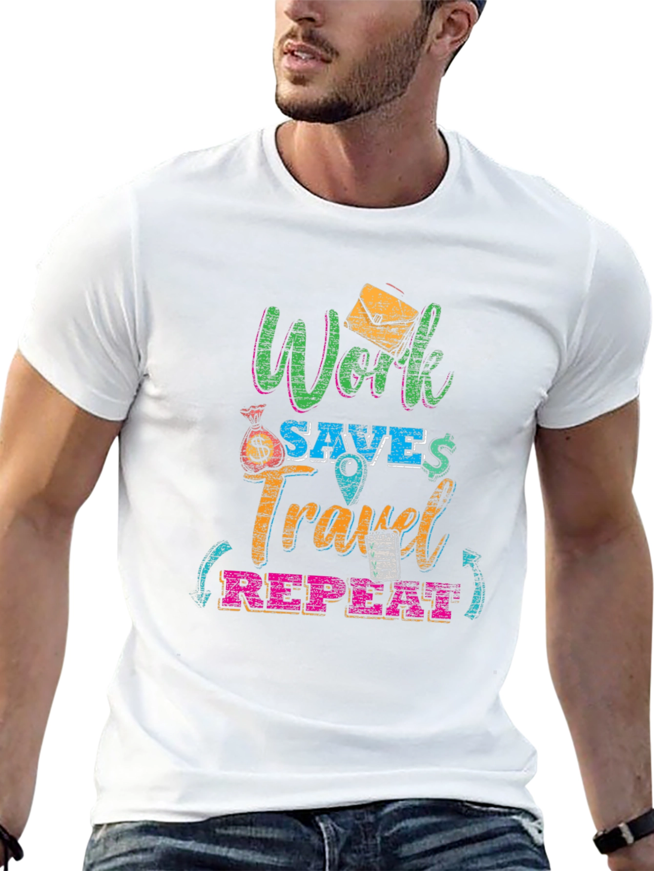 Work Saves Travel Repeat Black Graphic T-Shirt