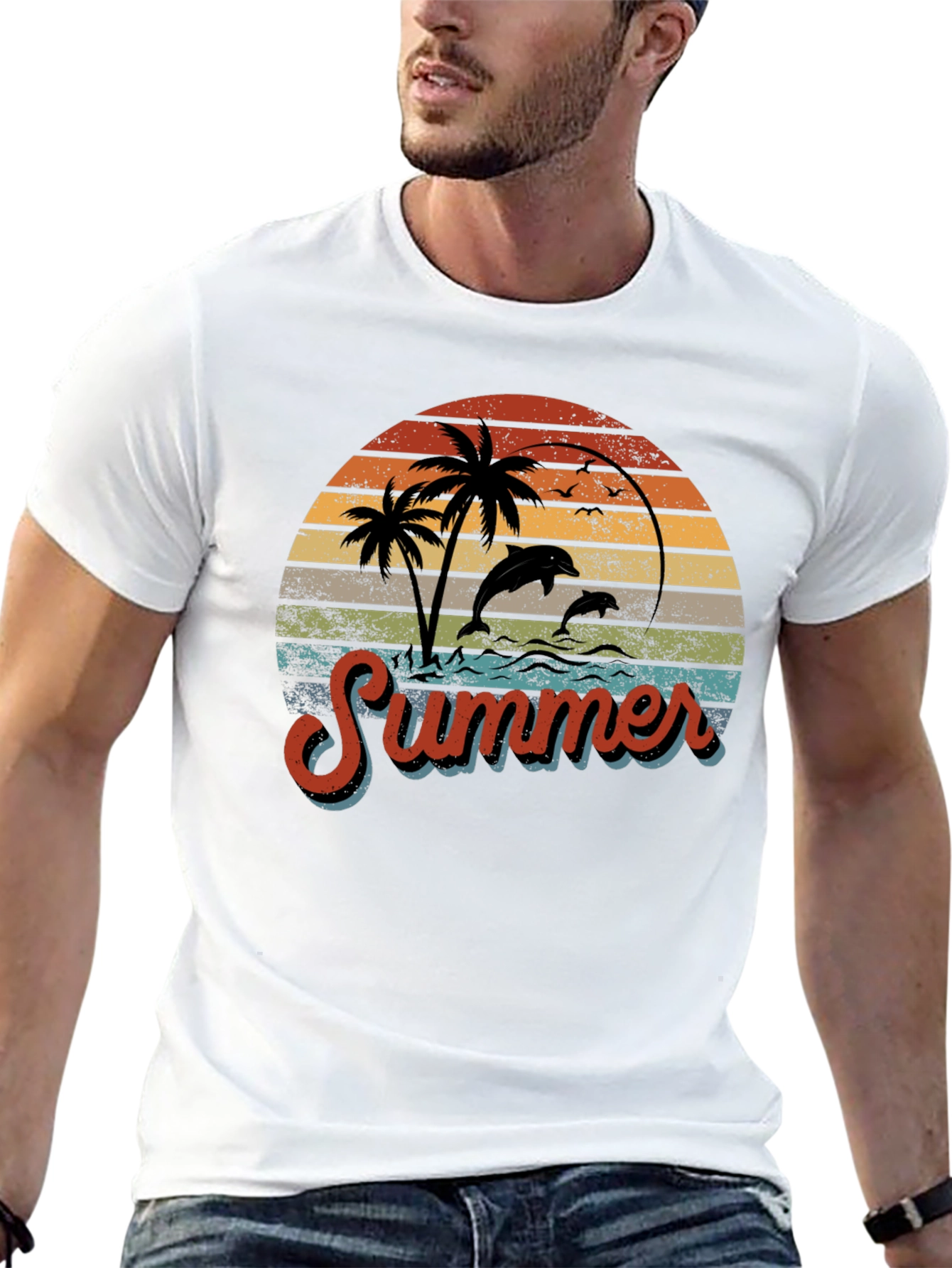 Retro Summer T-Shirt with Dolphins and Palm Trees