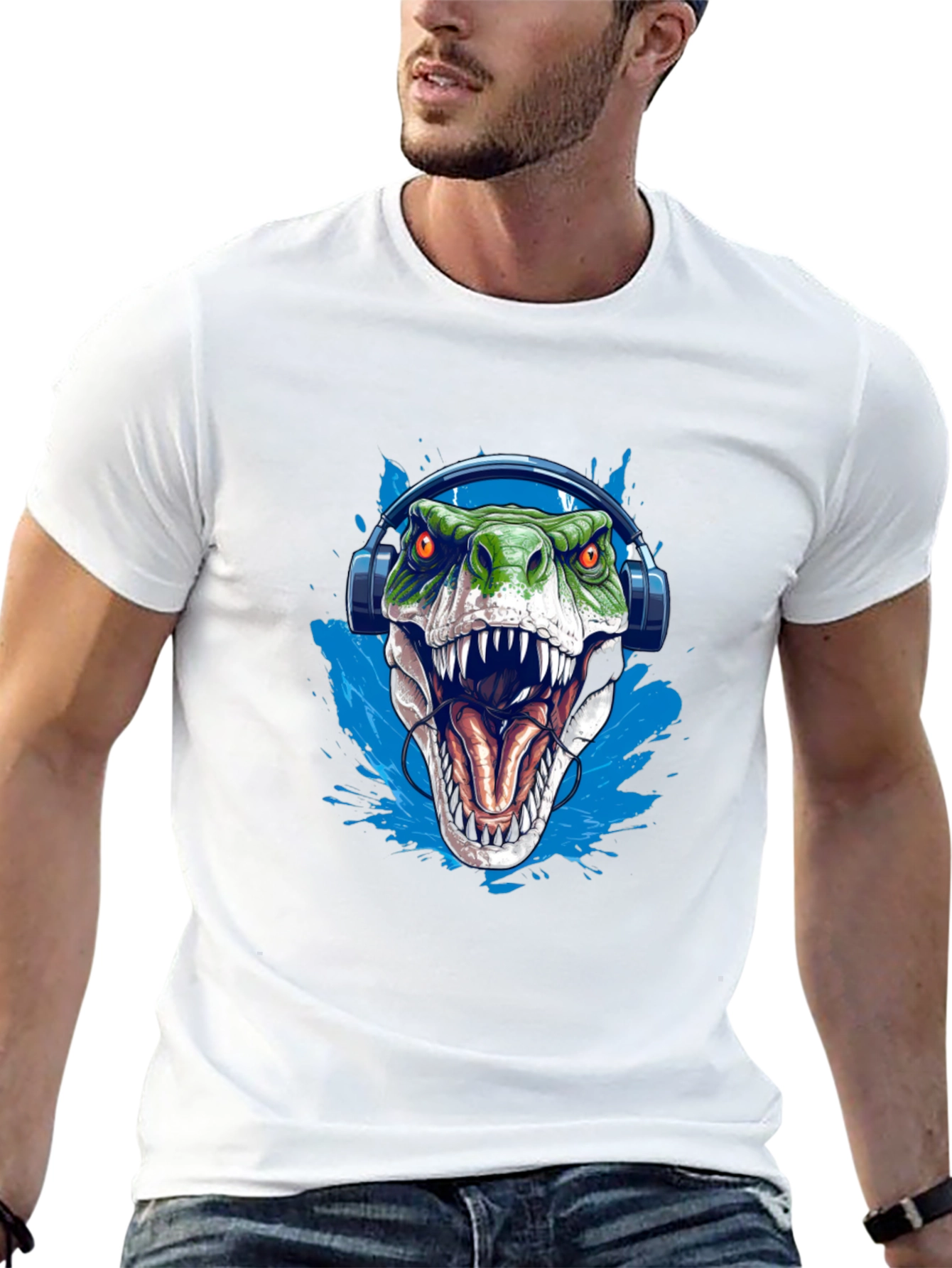 Dino Beats T-Shirt - Green T-Rex with Headphones