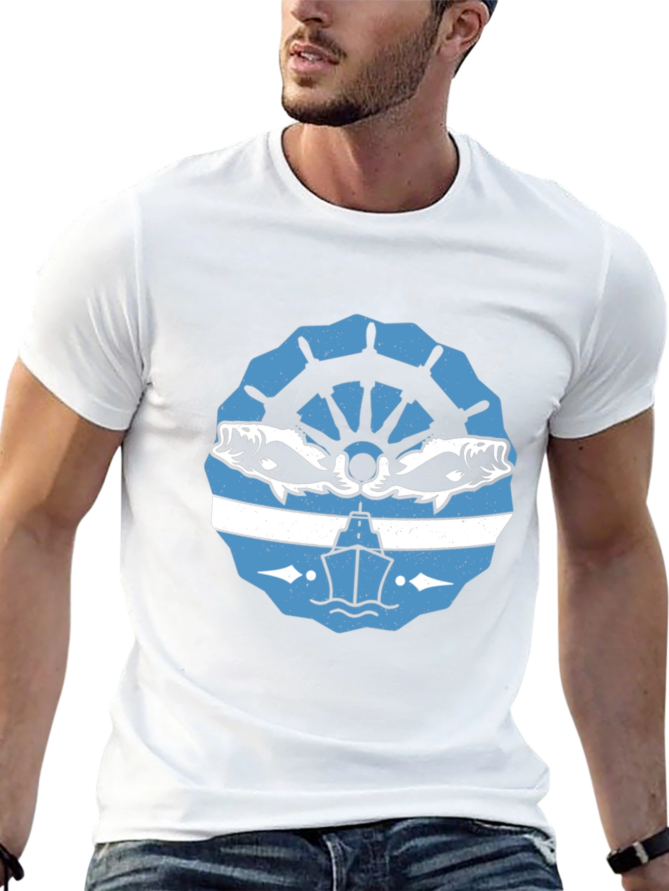 Nautical Black T-Shirt with Boat and Fish Design