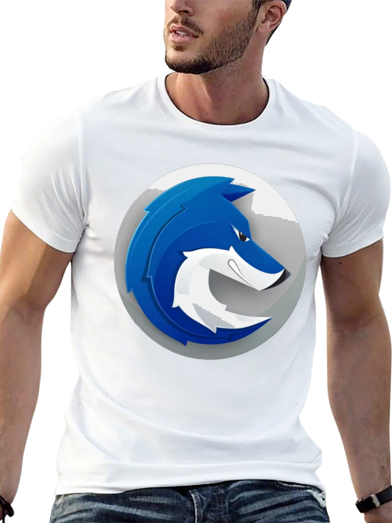 Mens Black T-Shirt with Blue Wolf Graphic Print