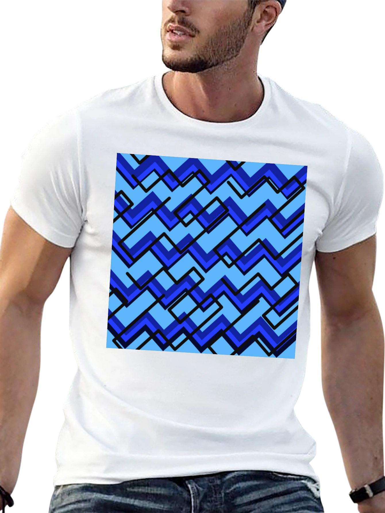 Blue Zig-Zag Pattern Graphic Tee - Stylish Comfort